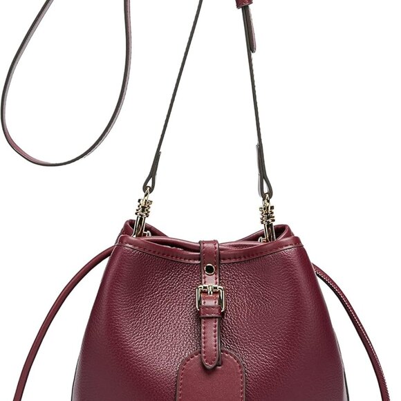 Genuine Leather Bucket Crossbody Purse Small Designer Drawstring Single Shoulder - Picture 1 of 7